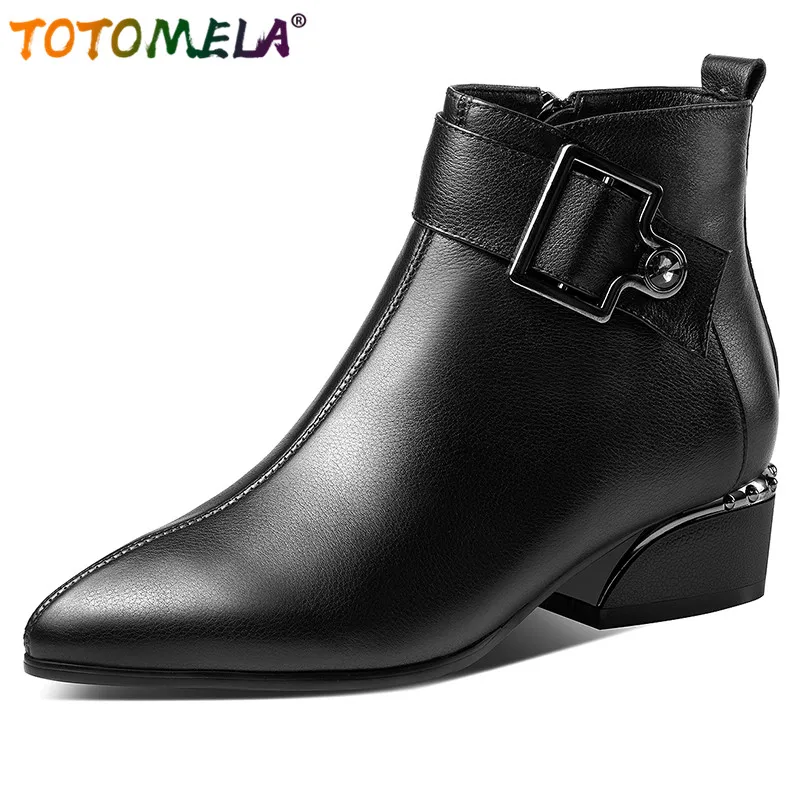 

TOTOMELA Big size 34-42 New genuine leather boots women pointed toe square heel zipper solid black basic ankle boots