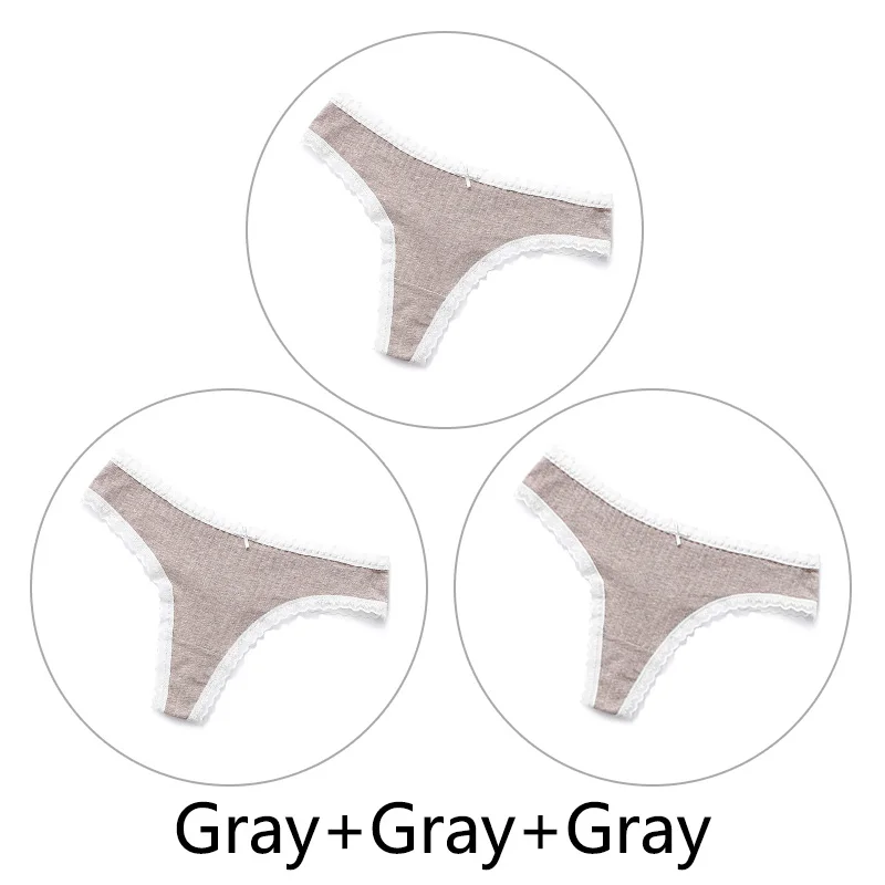 Gray Gray Gray 3 шт., сексуальные женские кружевные стринги, хлопок, бесшовные стринги, нижнее белье, мягкое женское нижнее белье, шелковое антибактериальное белье - Цвет: Gray Gray Gray