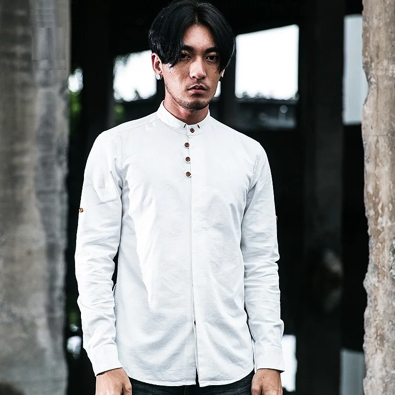 Men's Cotton Linen Shirts Long Sleeve Casual Slim Chinese Mandarin Collar Shirts Quality Men Business Cotton Dress Shirt TS-187A