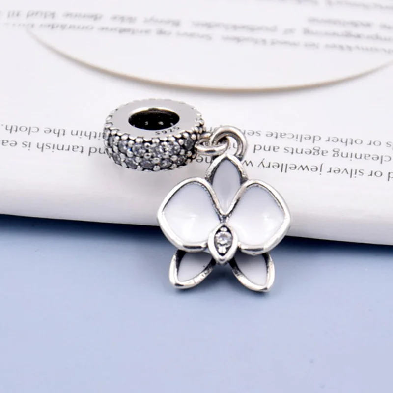 

925 Sterling Silver Bead Charm Red Enamel Orchid Flower Pendant Beads fit Lady Bracelet & Bangle DIY Jewelry