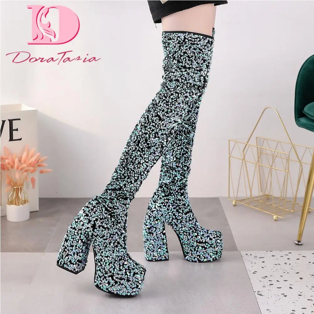 

Doratasia Hot Sale New Arrival Female Square Heels Pointed Toe Boots Solid Bling Platform Over-The-Knee Boots Boots Women