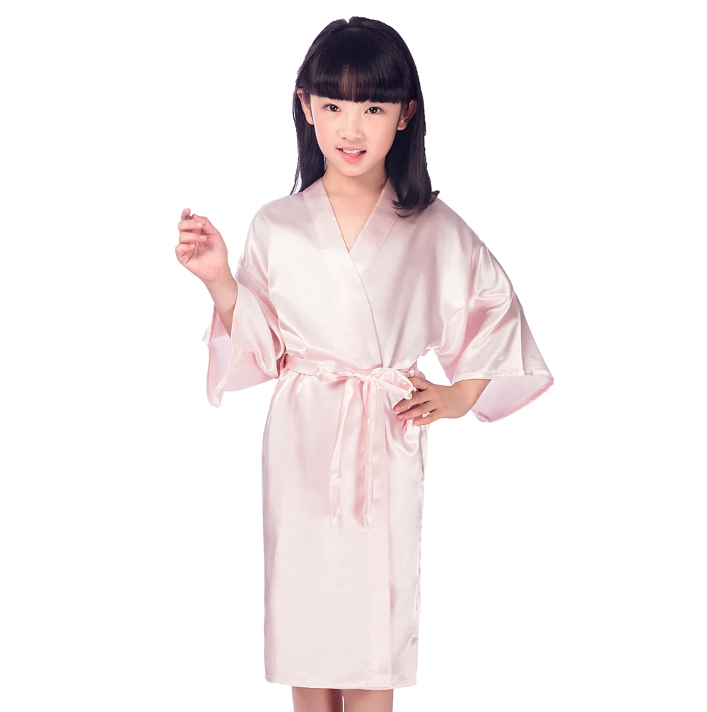 

Cute Pink Solid Flower Girls Nightgown Bath Gown Comfortable Satin Soft Wedding Robe Sleepwear Summer Casual Kimono Robe Gown