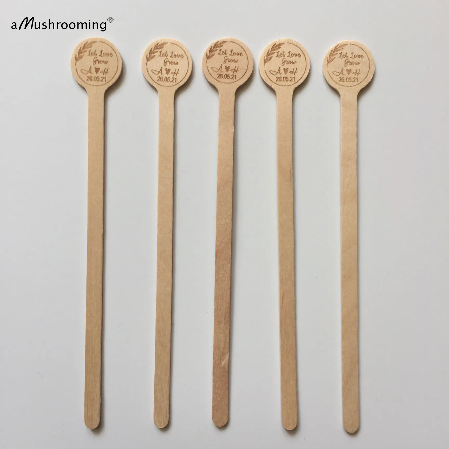 100pcs Let Love Grow Wedding Cocktail Stirrers with Initials and Date Engraved Bridal Shower Round Wood Coffee Stir Stick