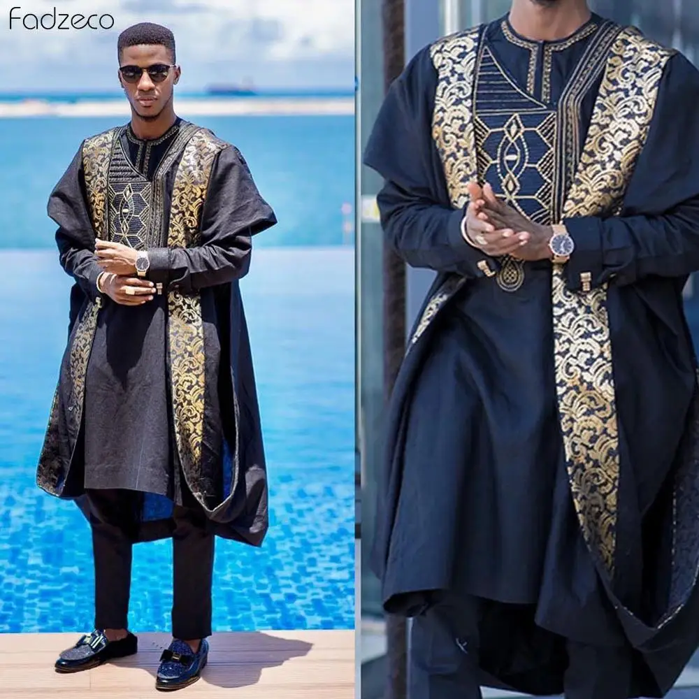 Fadzeco Agbada 2019 мужские африканские 3 шт плюс размер Дашики синяя вышивка Doudou Топы с коротким рукавом Брюки мужские s одежда халат Базен