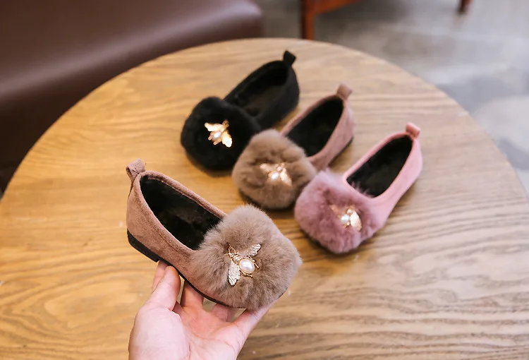 Girls Casual Fur Shoes Butterfly Decoration Baby Girl Scoop Shoes Children Moccasin Kids Fashion Performance Show Flats