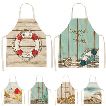 

1Pcs Starfish Shell Ocean Printed Cleaning ApronsHome Cooking Kitchen Apron Cook Wear Cotton Linen Adult Bibs 53*65cm WQ0084