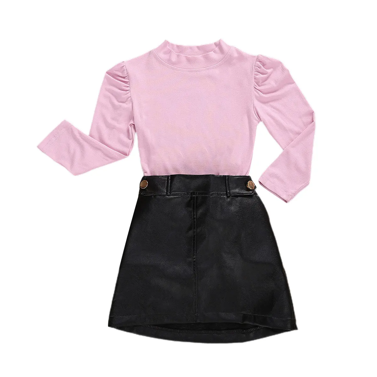 

2-7Y Toddler Little Kids Girls Fashion Set Clorhing Solid Long Sleeve O-Neck Top+Elastic Band Short Leather Skirt 2Pcs Outfit