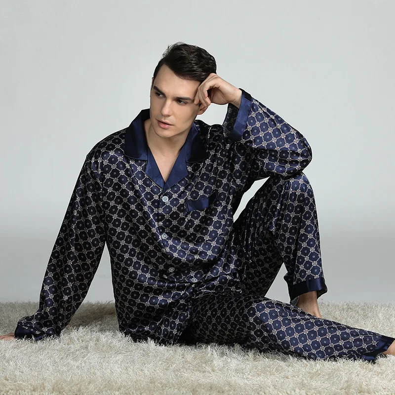 Mens Stain Silk Pajama Set Pajamas Men Sleepwear V-collar Cozy Soft Long Sleeve Nightgown Tops + Trousers Two Pieces Home Male Mens Stain Silk Pajama Set Pajamas Men Sleepwear V-collar Cozy Soft Long Sleeve Nightgown Tops + Trousers Two Pieces Home Male