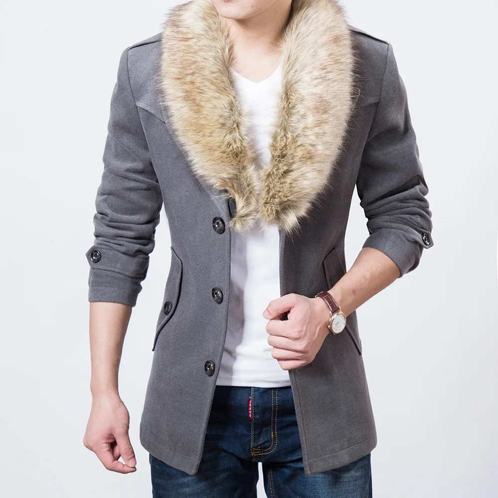 

Autumn Winter Warm Velvet Liner Men Woolen Coat Faux Fur Collar Male :ong SLeeve Jackets abrigos para hombre LX1982