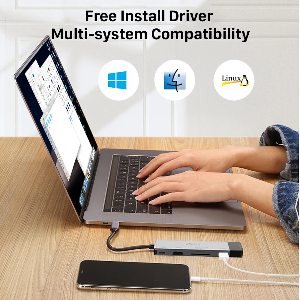 WOTOBE 6-in-1 USB Type C HUB Docking Station to HDMI Compatible USB 3.0 Type-C Adapter HUB For MacBook Samsung Huawei