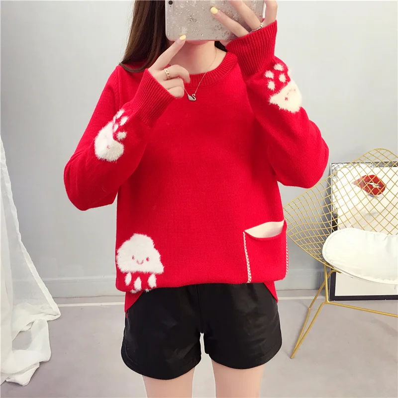

Milinsus Autumn Winter 2019 Women Sweater Long Sleeve Pullover Cute Cartoon Small Pattern Round neck Pocket Jumper Harajuku