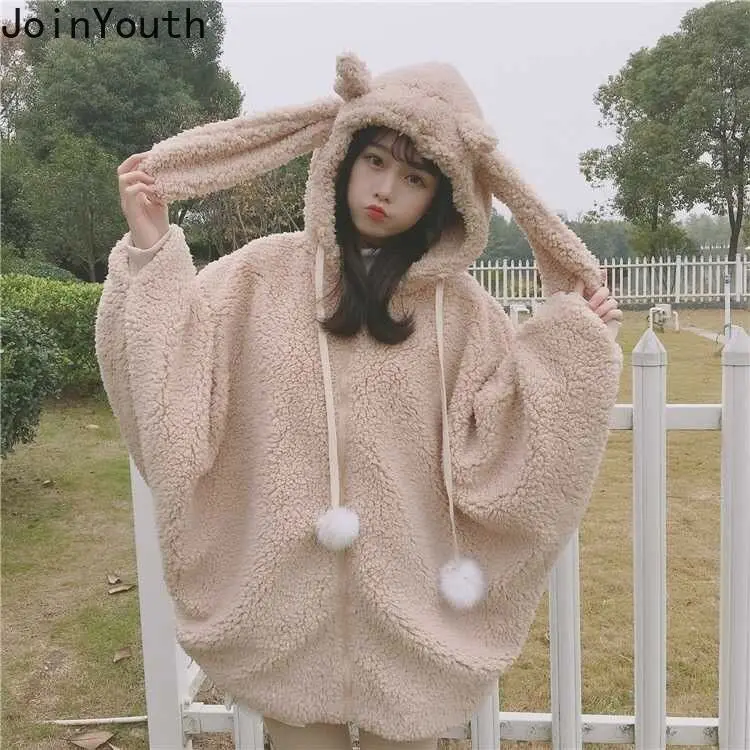 Joinyouth новые женские милые толстовки с капюшоном с кроличьими ушками, топы с меховыми помпонами на шнурке, зимняя толстовка с капюшоном и длинным рукавом, зимние пуловеры 56708
