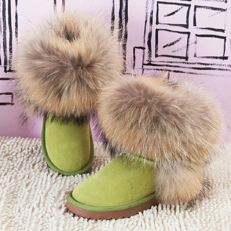 UVWP; высококачественные женские зимние ботинки с натуральным лисьим мехом; модные женские ботинки из натуральной кожи; теплая женская зимняя обувь; - Цвет: Green