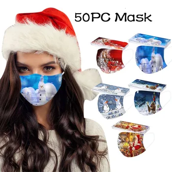 

50pc Snowflake Reindeer Print Masks Masque 3 Layer Ply Nonwoven Face Mask Disposable Soft Earloop Mouth Masks Face Cover Маска