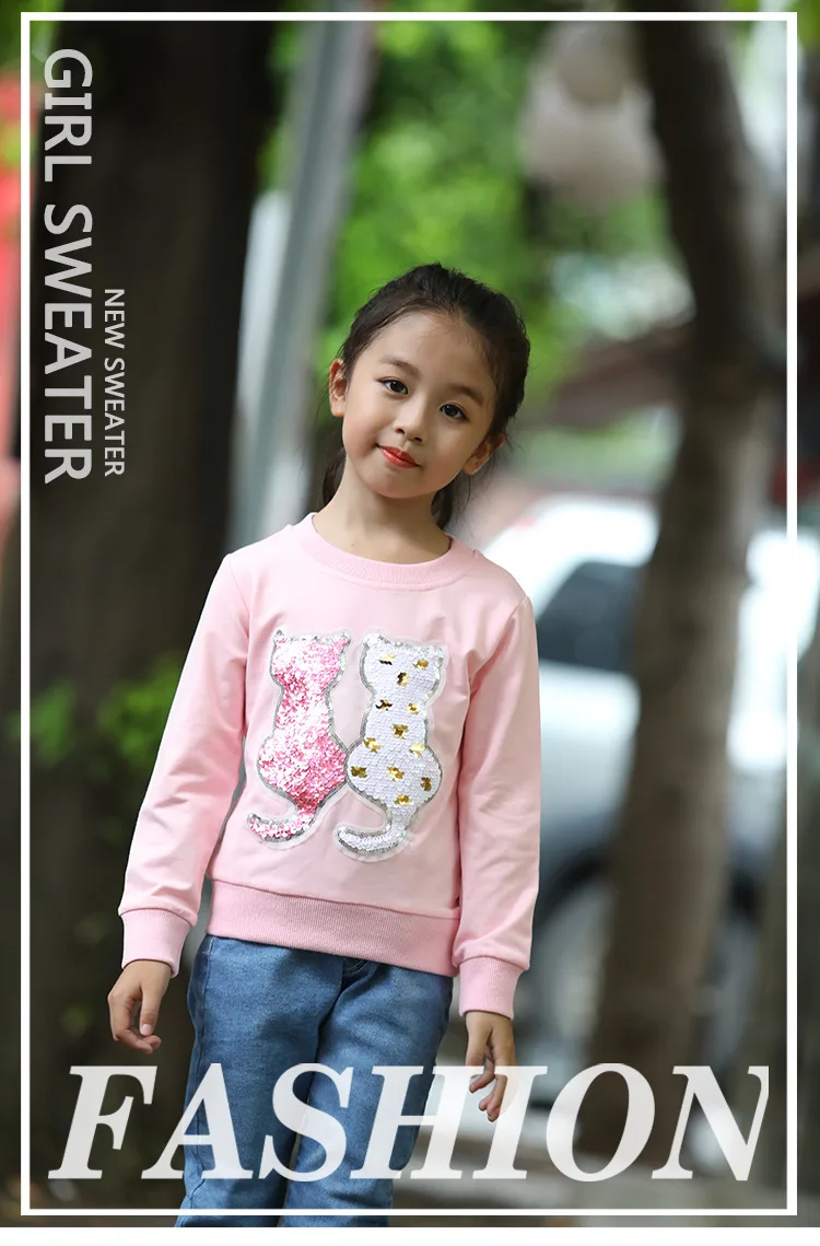 Cartoon Sequins Cat Sweatshirt Kids Girls Spring Children Cotton Long Sleeve Tshirts Fashion Cute Tops Toddler Clothes New