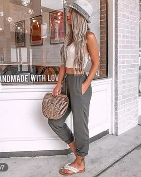

2020 Woman Casual Low Waist Pencil Pants with Pockets Elastic Slim Sexy Sweat Pant Summer Fashion Long Trousers Streetwear