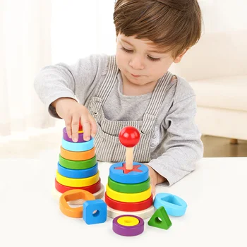 

Wooden Round Shape Sorting, Nesting & Stacking toys Matching Stacking Tower Color and Shape Cognitive Toy for Baby & Toddler