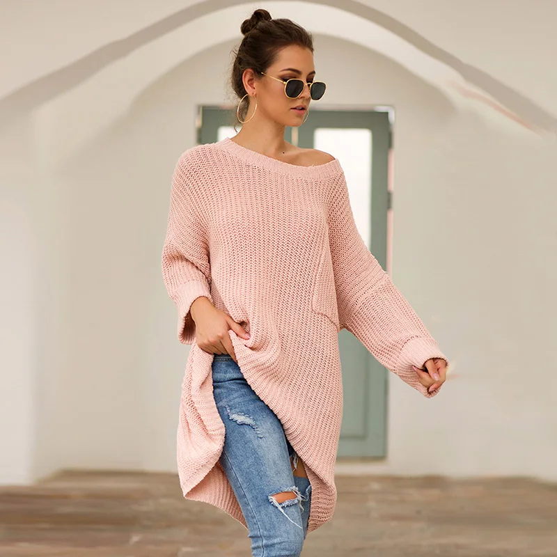 Fitshinling карман негабаритных свитера зимняя женская одежда рукав «летучая мышь» свободные пуловеры Boho длинный джемпер свитер женский пуловер - Цвет: pink