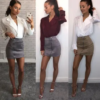 

Women Ladies Fashion High Waist Pencil Skirt Bodycon Suede Leather Short Zipper Mini Skirt Club