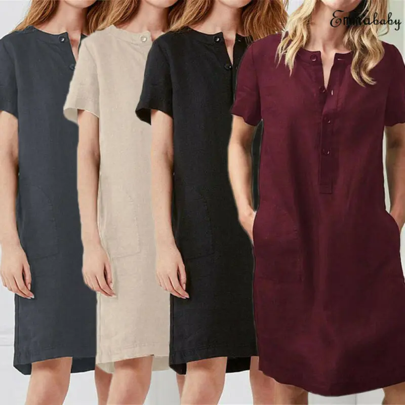 New Casual Women Solid Color Dress Loose Button Cotton Linen Midi Dress Short Sleeve Pocket Vestito Pretty Fat women thin Dress