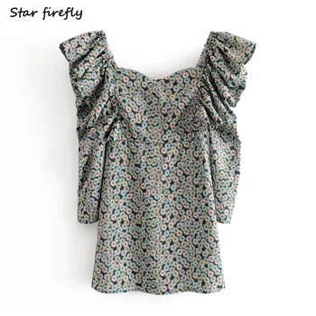 

Star firefly fashion Za dress female 2020 spring new casual loose square collar lotus leaf daisy print poplin dress women