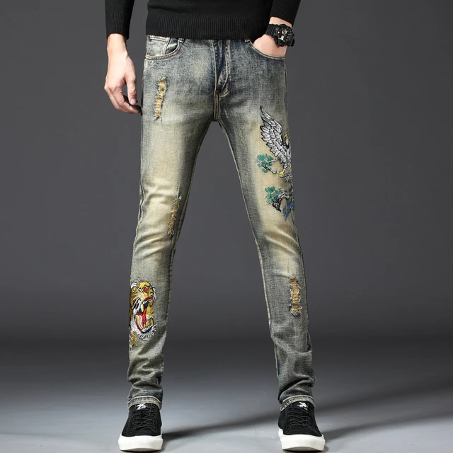 Hot Sale Mens Patches Jeans Male Eagle Tiger Embroidery Hole Slim Pants Vintage