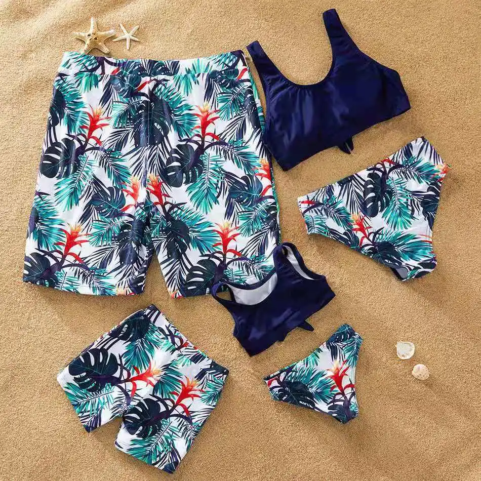 

Parent-child Outfit Swimsuit Beach Pants Set Eco-print Split Bikini Pattern Family Look