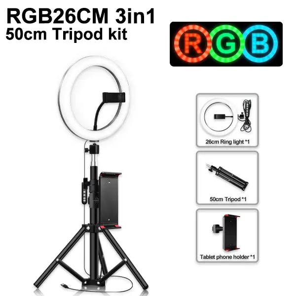 26cm type 50cm 10 ''rgb-кольцевой светильник с штативом для телефона, комплект для камеры, фотографии, видео записи, селфи светодиодный светильник с держателем для планшета для iPad - Цвет: 26cm type 50cm