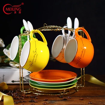 

MEILING Candy Colors Ceramic Coffee Cups Set With Gold Frame Holder Home Kitchen Tableware Cup Saucers Gold Letters Tea Cups Set