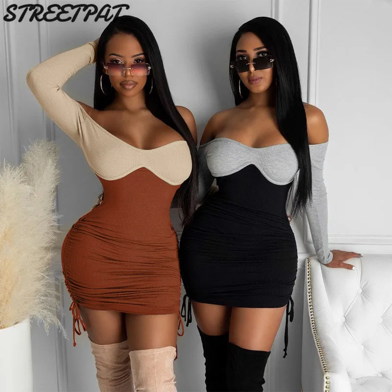 

2020 Long Sleeve Slash Neck Patchwork Bandage Ruched Mini Dress Autumn Winter Women Fashion Sexy Party Club Outfits