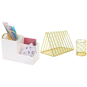 

1x 4 Grids Square Pen Pencil Holders Container (White) & 2 Piece azine File Rack File Divider Pencil Holder