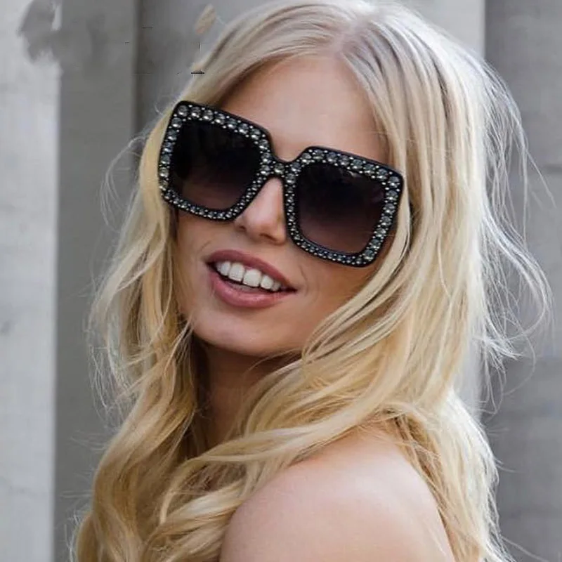 Fashion Square Rhinestone Decoration Oversized Frame Italian Promotional Ladies PC Gradient Color Women Sun Glasses Sunglasses |