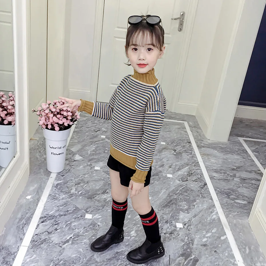 

Children's Turtleneck Striped Pattern Cardigan Girl Long Sleeve Sweater Children Teenage Kids Winter Clothing 6 8 10 12 14 Year
