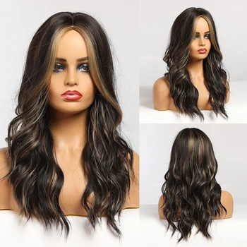 

ALAN EATON Mdeium Wavy Black Brown Wigs with Highlights for Black Women Afro Middle Part Synthetic Hair Wigs Cosplay Party wigs