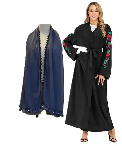 Мусульманское платье с вышивкой для женщин Дубай Абая черный Халат длинный рукав кардиган кафтан элегантный дизайн Макси платья одежда - Цвет: black abaya andscarf