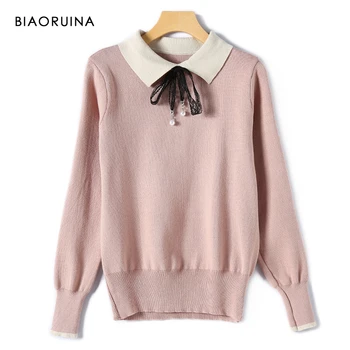 

BIAORUINA 4 Colors Women's Sweet Knitted Sweater Button Up Collar Lace Beading Bow Office Lady Fashion Pullovers One Size
