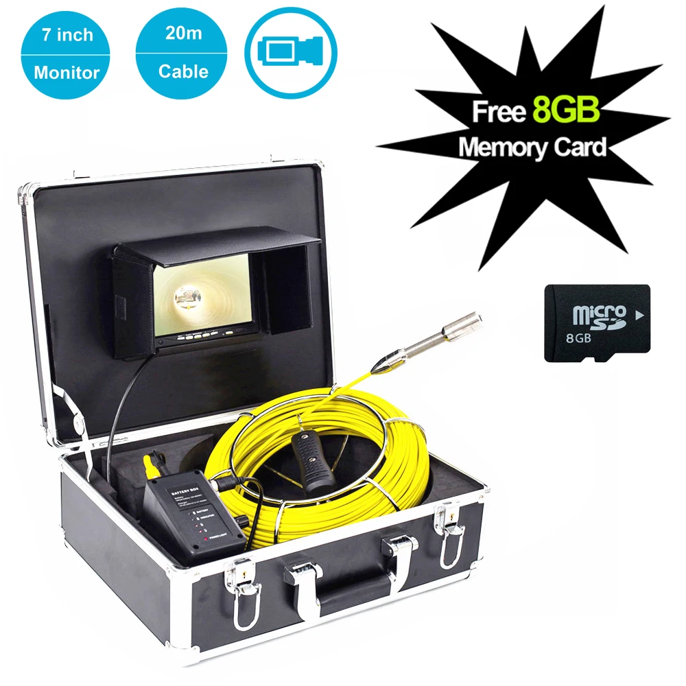 

Водонепроницаемая IP68 система контроля канализации с ЖК-монитором 23 мм, диаметром 7 дюймов и кабелем 20 м, 12 светодиодов