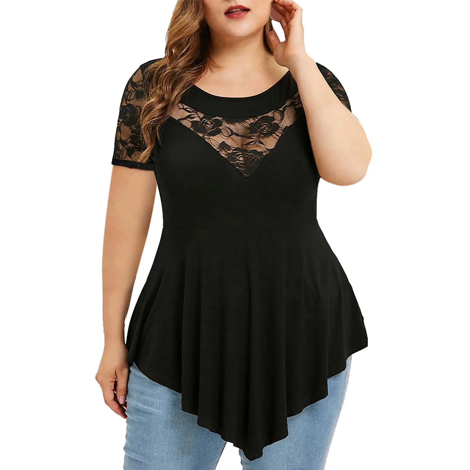 Tops de talla grande para mujer, camisas asimétricas de retazos de encaje Floral, blusas de manga corta de Color sólido con cuello redondo, Tops, ropa para mujer 5XL