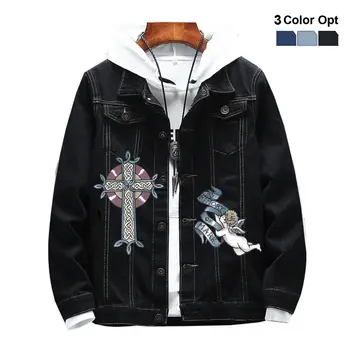 

Men Boy Jean Denim Jacket Outerwear Classic Coat Print Ripped Bomber Corss Angle Skate Boho Hip Pop Jacket Outfit Black Blue
