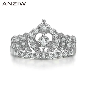

ANZIW Cute Queen Princess Crown Luxury Ring 925 Sterling Silver Tiara Ring Crown Engagement Promise Girl Ring Wedding Band