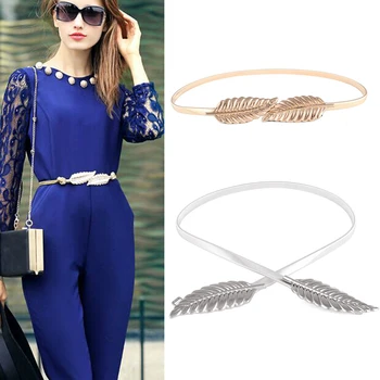 

Stretch Skinny Waist Belt Cummerbunds metal female belt gold silvery leaf shape Wedding designer Elastic belts for women
