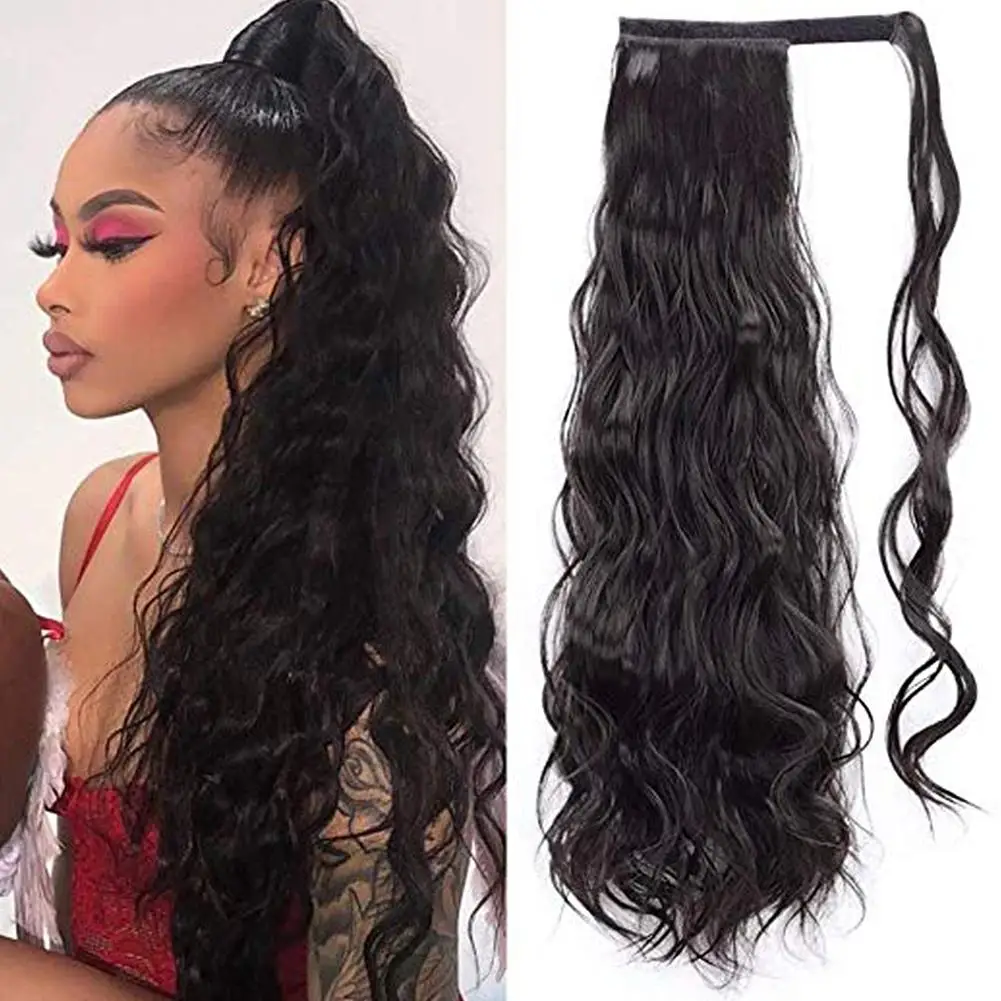 

60cm Long Wavy Ponytail Extension For Women Synthetic Wrap Around Magic Paste Curly Ponytail Corn Wave Clip In Hairpiece