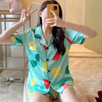 

Short Sleeve Silk Pajamas Comfortable Women Summer Pajama Sets Printed Fake Silk Sleepwear Pyjamas Young Girl Style