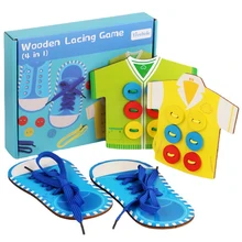 

Fun Puzzle Four-in-one Drawstring Toy High-quality Wood Comfortable Feel Clothes Threading Board Educational Toys Wooden Toy