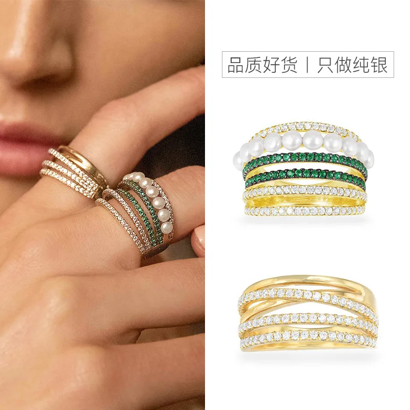 925 Sterling Silver White Green Zircon 6 Multi Hoop Circles Ring with Pearl Women fashion party finger ring monaco Jewelry