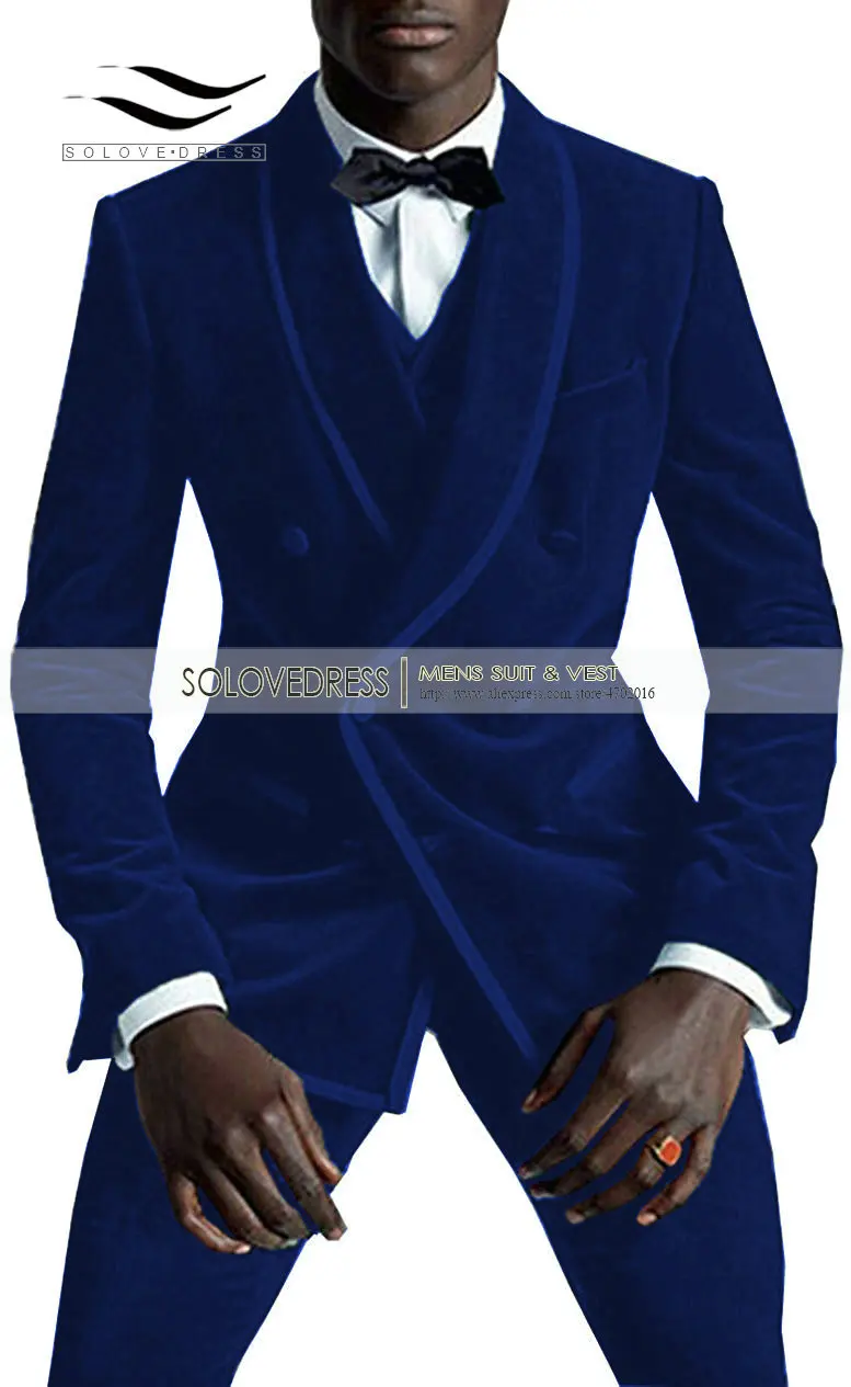Solovedress, высокое качество, мужские модные костюмы, деловой бархат, жених, 3 предмета, свадебные, двубортные смокинги, terno masculinoM6 - Цвет: Royal Blue