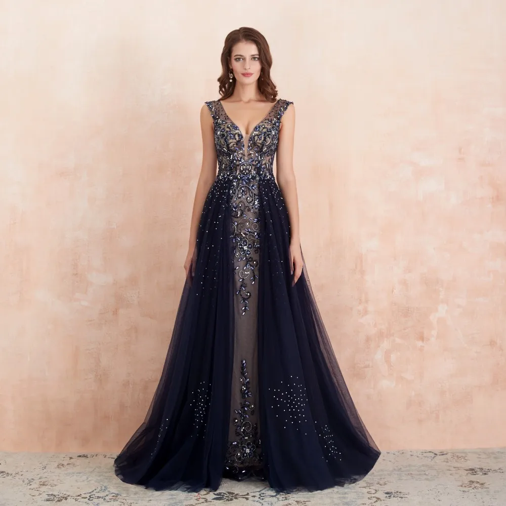 NAVY Sleeveless Erosebridal, расшитое бисером элегантное вечернее платье, длинное,, с длинным рукавом, Формальные платья, вечерние платья для женщин со шлейфом - Цвет: NAVY Sleeveless
