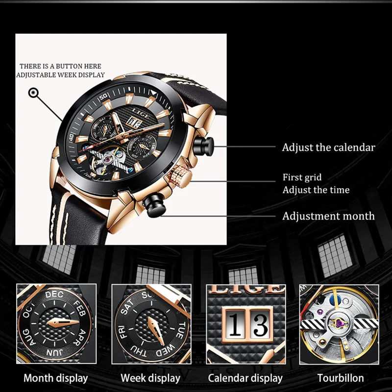 LIGE кожаный ремешок Tourbillon светящийся Циферблат Водонепроницаемые мужские часы лучший бренд класса люкс механические Автоматические часы Reloj Hombre