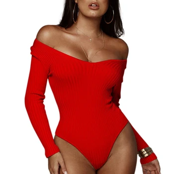 

Women Knitted Bodysuit Off Shoulder Long Sleeve Short Romper Jumpsuit Stretch Bodysuit Leotard Top Ladies Romper Jumpsuit