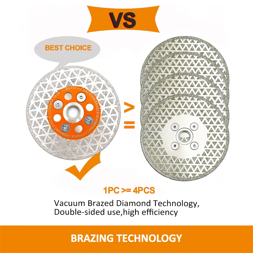 BGTEC 1pc 4/4.5/5&ldquo; Double Sided Vacuum Brazed Diamond Cutting Disc Grinding Marble Granite Stone Tile Saw Blade M14 Thread